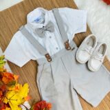 Conjunto Social Infantil Bermuda Suspensório Cinza Linho