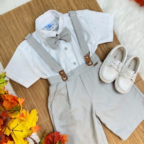 Conjunto Social Infantil Bermuda Suspensório Cinza Linho
