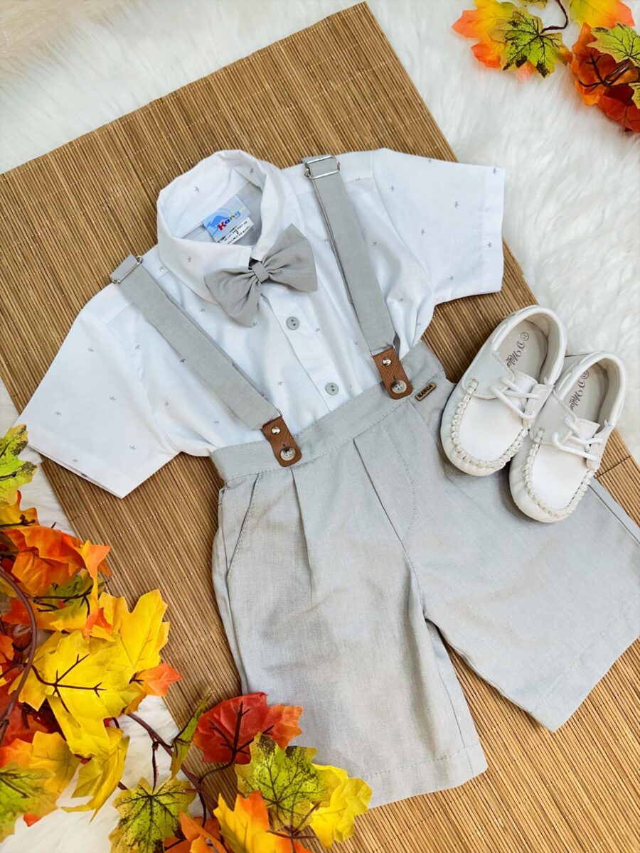 Conjunto Social Infantil Bermuda Suspensório Cinza Linho