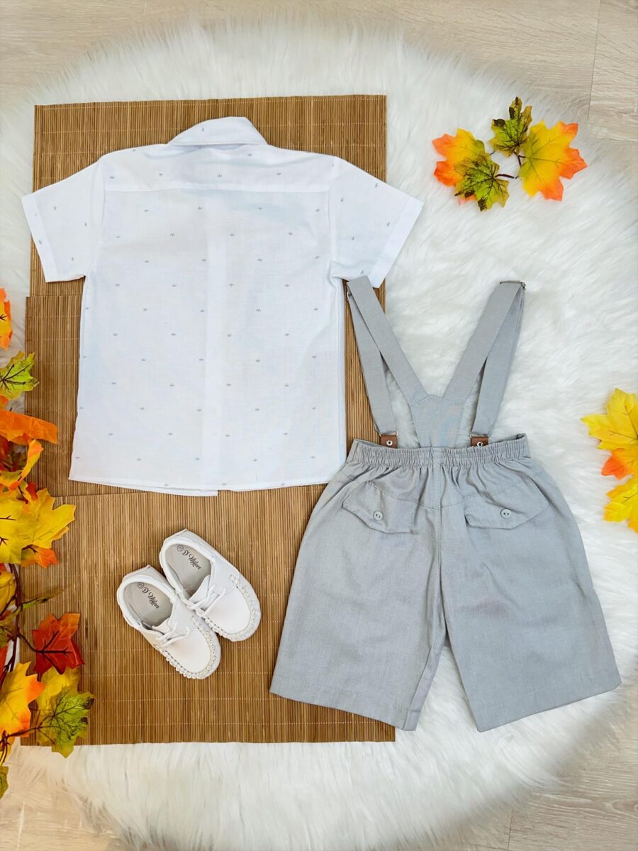 Conjunto Social Infantil Bermuda Suspensório Cinza Linho