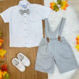 Conjunto Social Infantil Bermuda Suspensório Cinza Linho