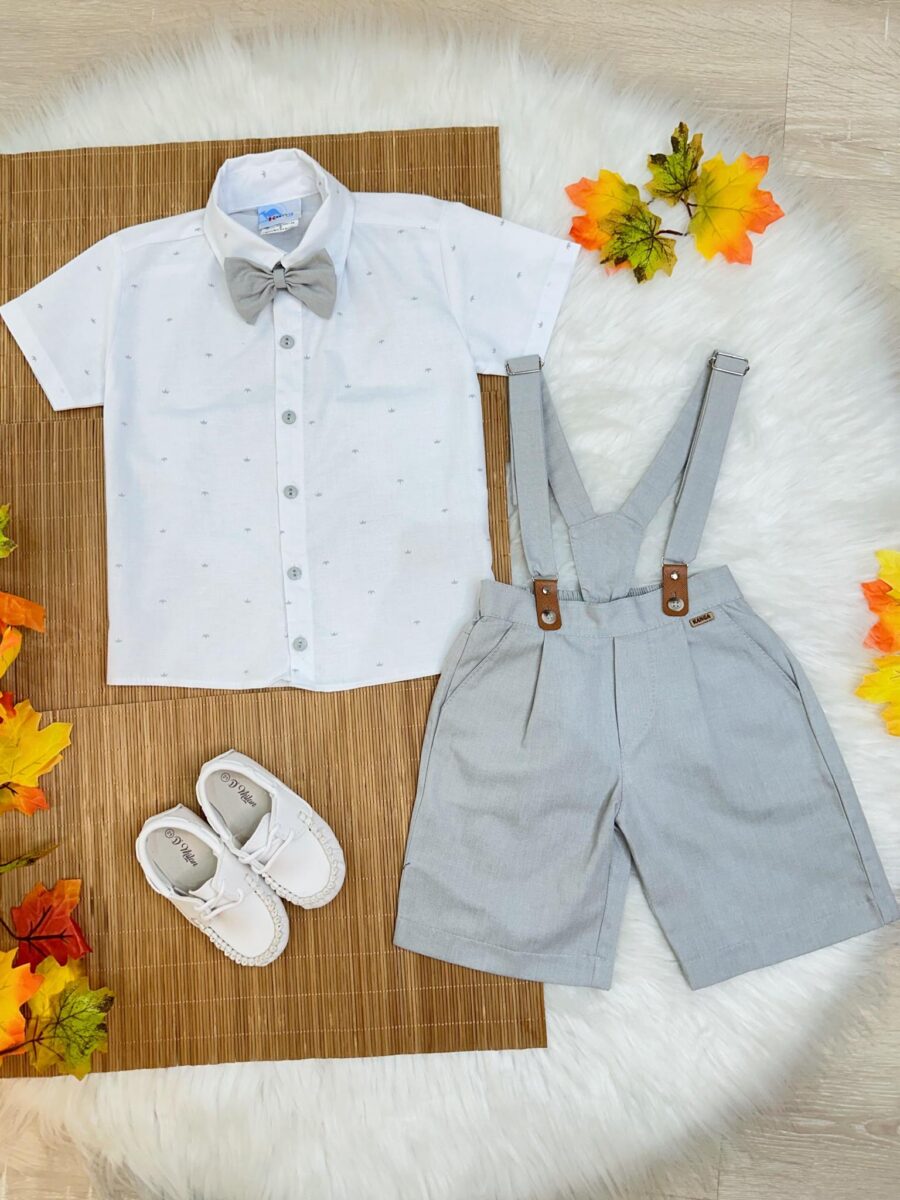 Conjunto Social Infantil Bermuda Suspensório Cinza Linho