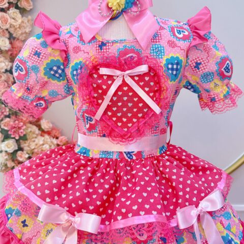 Vestido Junino Infantil Arraiá Rosa com Estampa Colorida