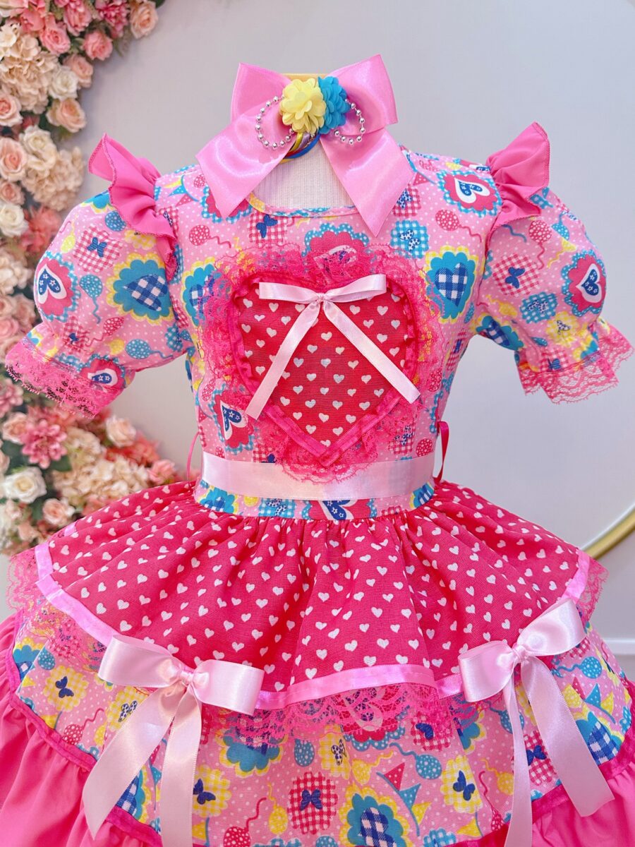 Vestido Junino Infantil Arraiá Rosa com Estampa Colorida