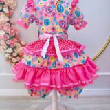 Vestido Junino Infantil Arraiá Rosa com Estampa Colorida