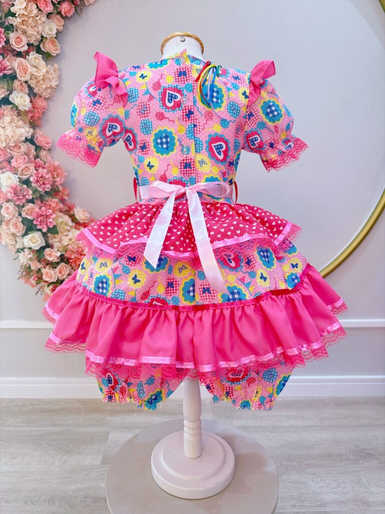 Vestido Junino Infantil Arraiá Rosa com Estampa Colorida