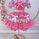 Vestido Junino Infantil Arraiá Rosa com Estampa Colorida