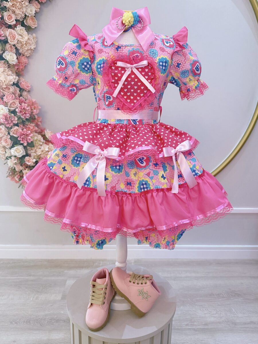 Vestido Junino Infantil Arraiá Rosa com Estampa Colorida