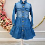 Vestido Jeans Feminino Adulto com Bolsos Casual Azul