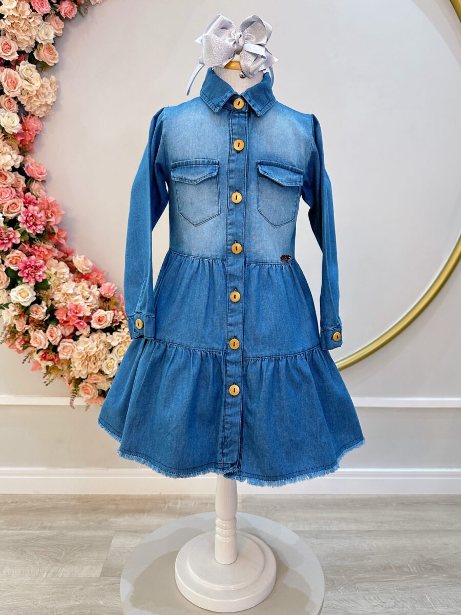 Vestido Jeans Feminino Adulto com Bolsos Casual Azul