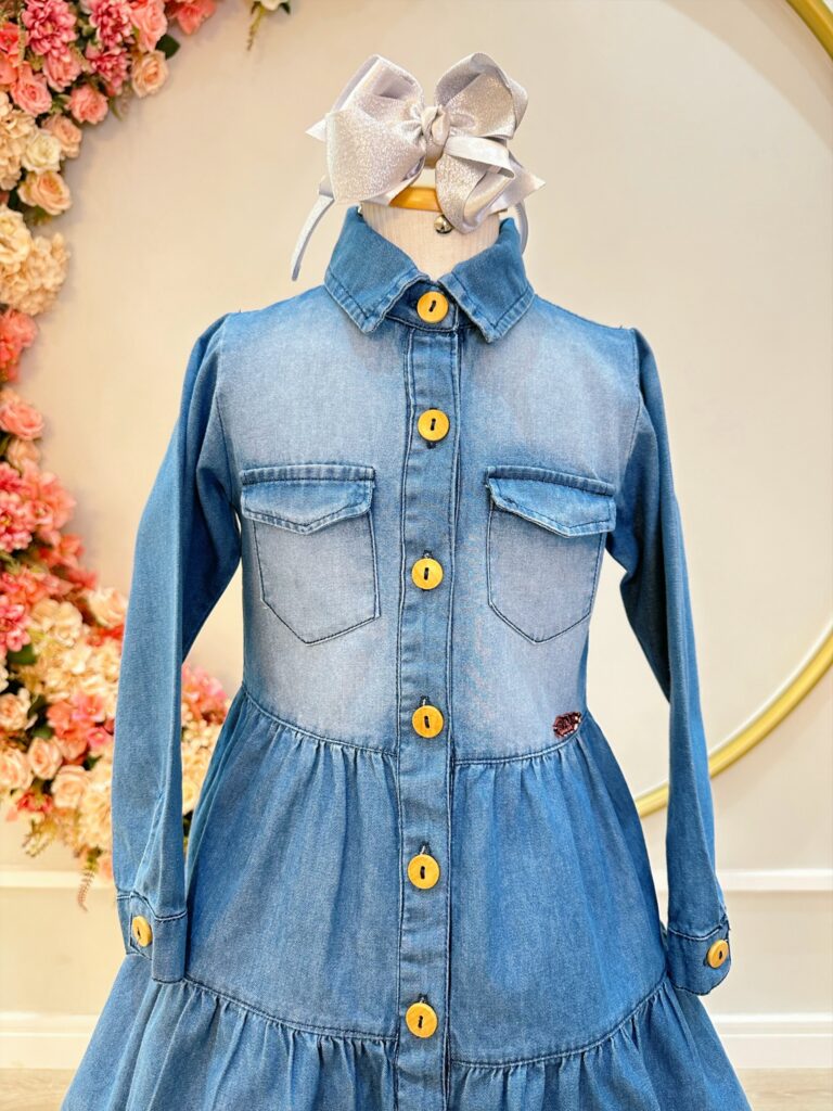 Vestido Jeans Feminino Adulto com Bolsos Casual Azul