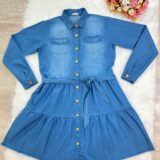 Vestido Jeans Feminino Adulto com Bolsos Casual Azul