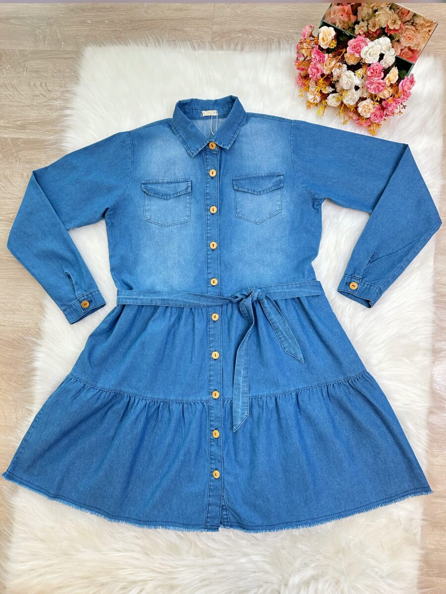 Vestido Jeans Feminino Adulto com Bolsos Casual Azul