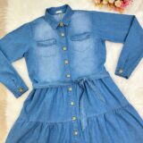 Vestido Jeans Feminino Adulto com Bolsos Casual Azul