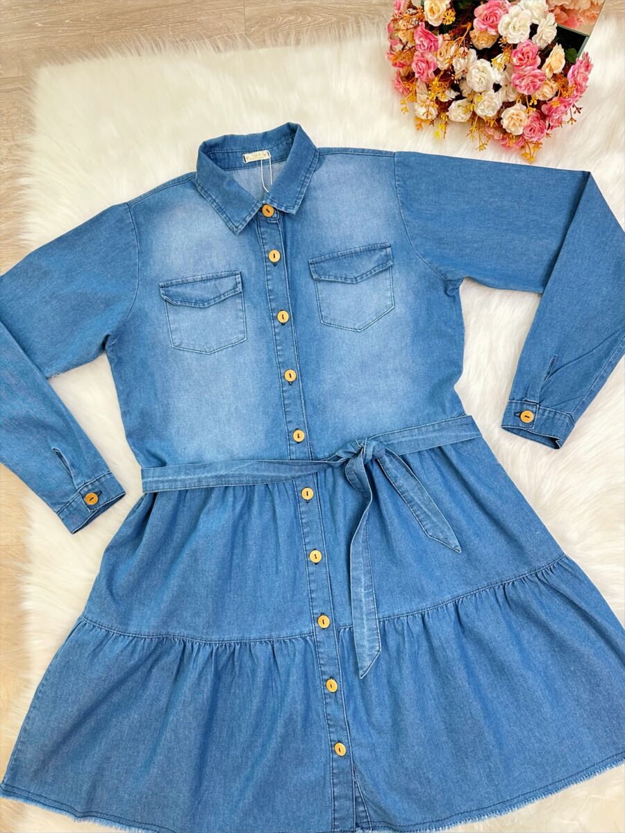 Vestido Jeans Feminino Adulto com Bolsos Casual Azul