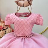 Vestido Infantil Rose Busto Nervura com Strass Daminha