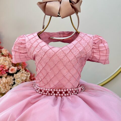 Vestido Infantil Rose Busto Nervura com Strass Daminha