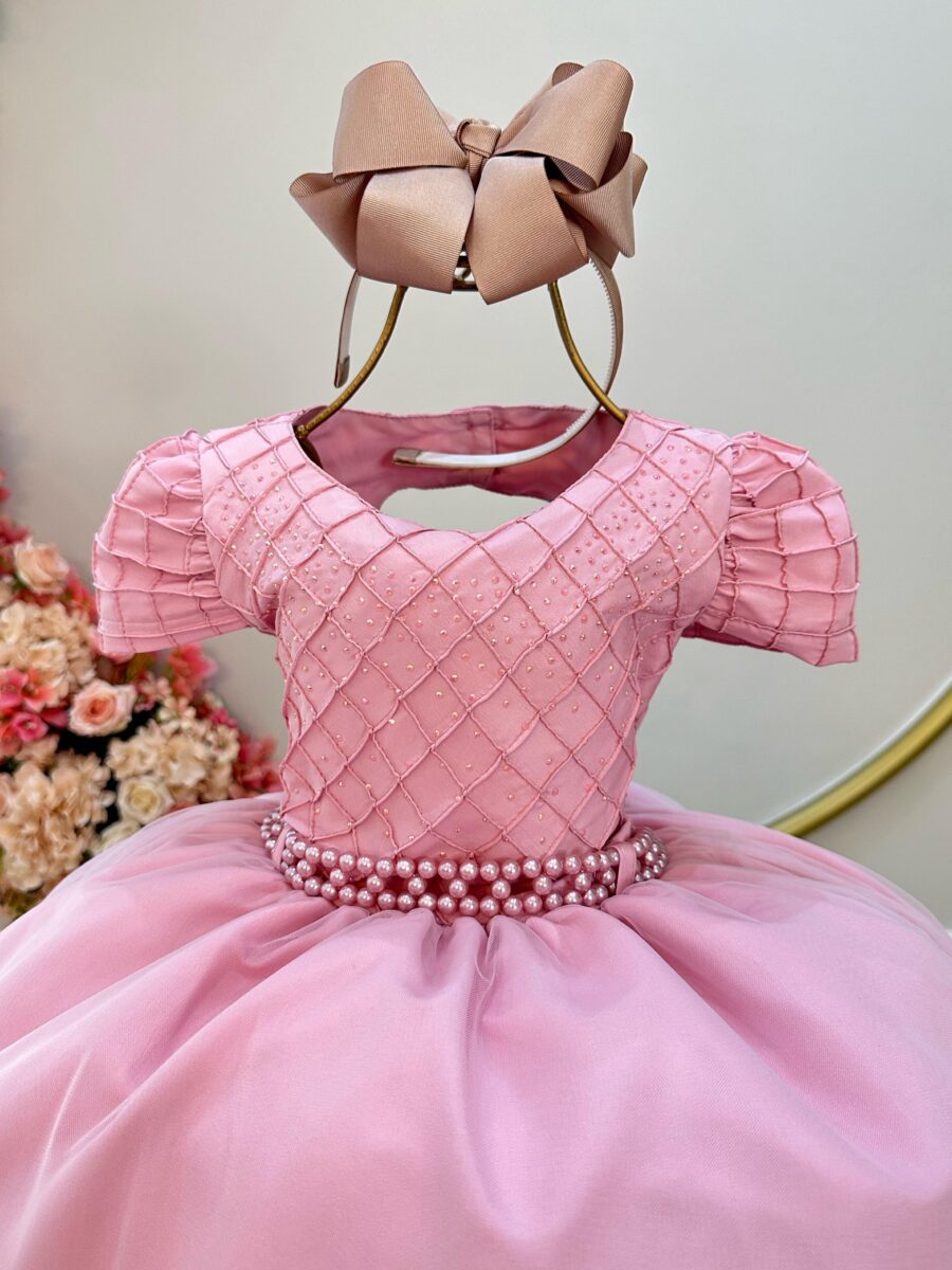 Vestido Infantil Rose Busto Nervura com Strass Daminha