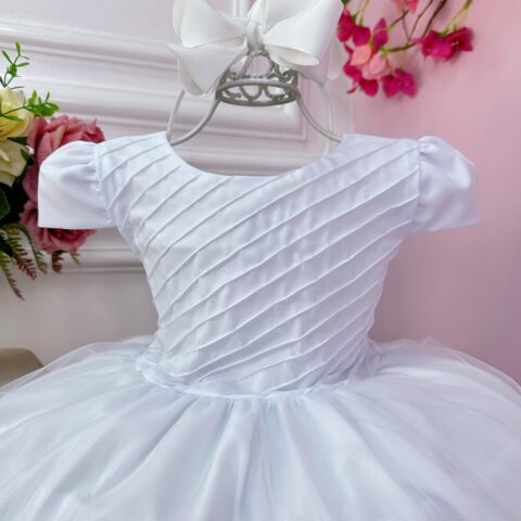 Vestido Infantil Branco Busto Plissado Festa