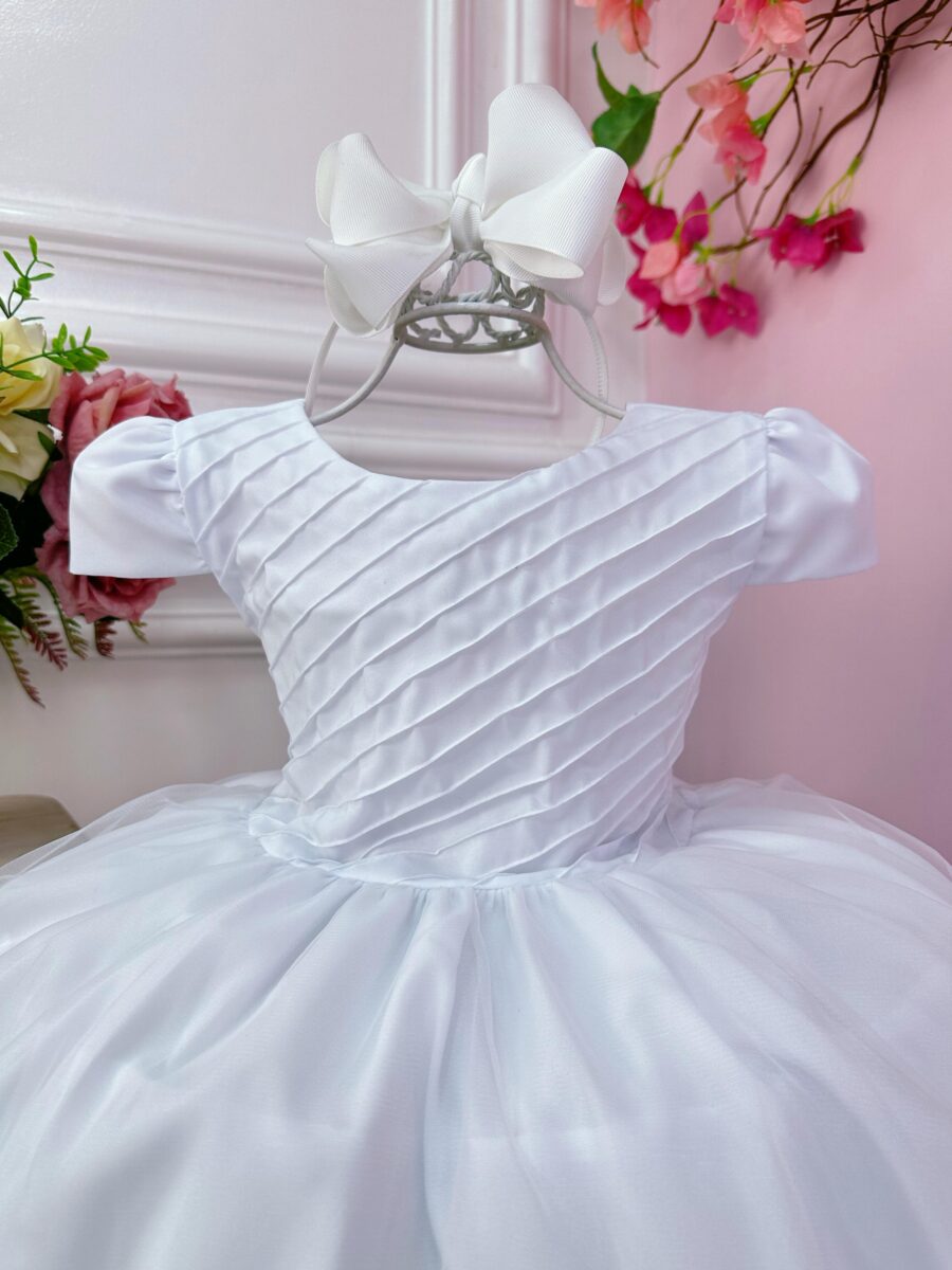 Vestido Infantil Branco Busto Plissado Festa