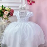 Vestido Infantil Branco Busto Plissado Festa