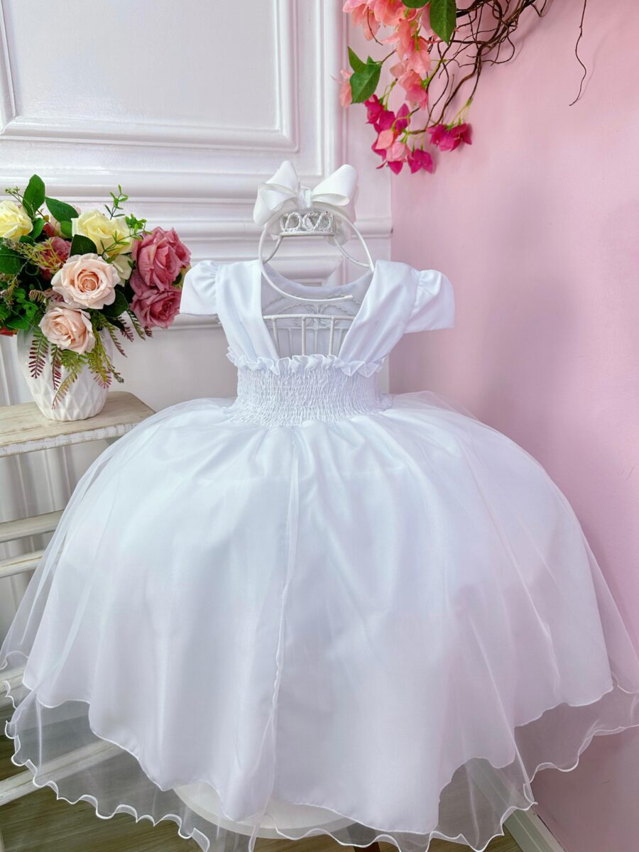 Vestido Infantil Branco Busto Plissado Festa