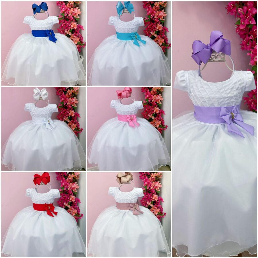 Vestido Infantil Branco Busto Plissado Festa