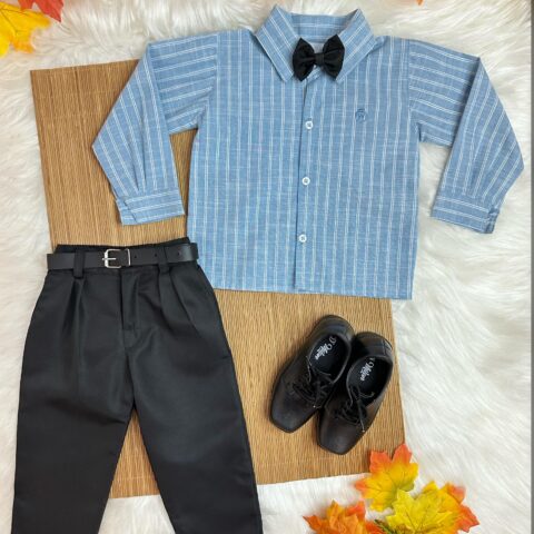 Conjunto Social Infantil Camisa Listrada Azul Calça Preta