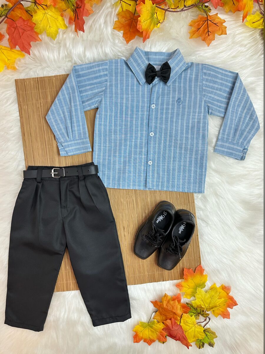 Conjunto Social Infantil Camisa Listrada Azul Calça Preta