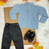 Conjunto Social Infantil Camisa Listrada Azul Calça Preta