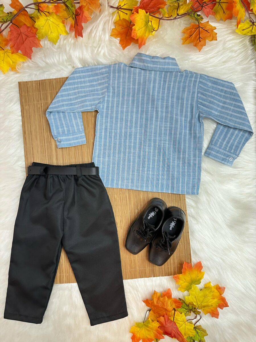 Conjunto Social Infantil Camisa Listrada Azul Calça Preta