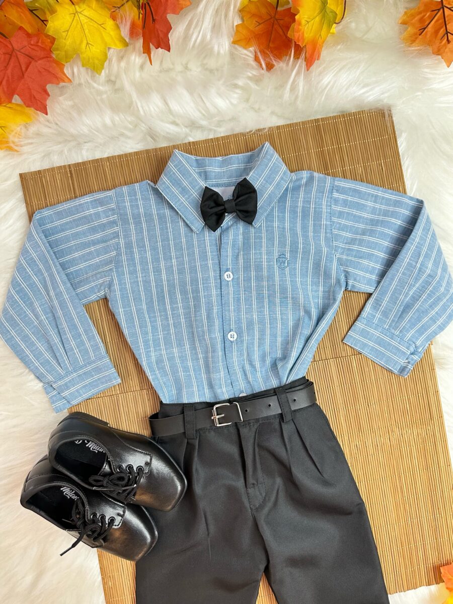 Conjunto Social Infantil Camisa Listrada Azul Calça Preta