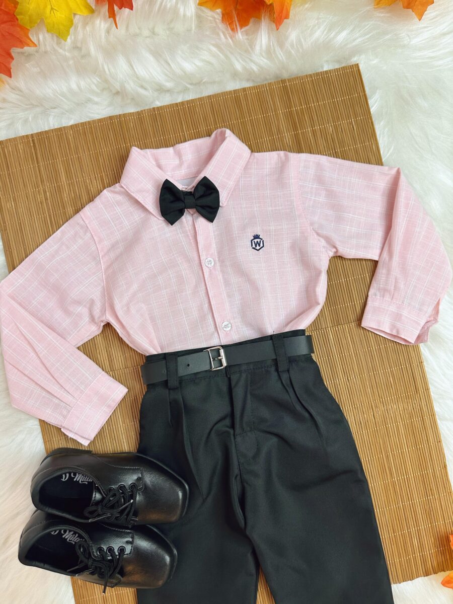 Conjunto Social Infantil Camisa Listrada Salmão Calça Preta