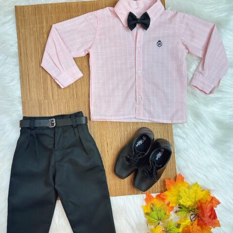 Conjunto Social Infantil Camisa Listrada Salmão Calça Preta