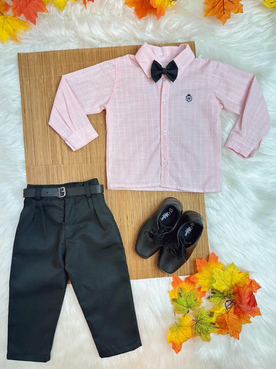 Conjunto Social Infantil Camisa Listrada Salmão Calça Preta