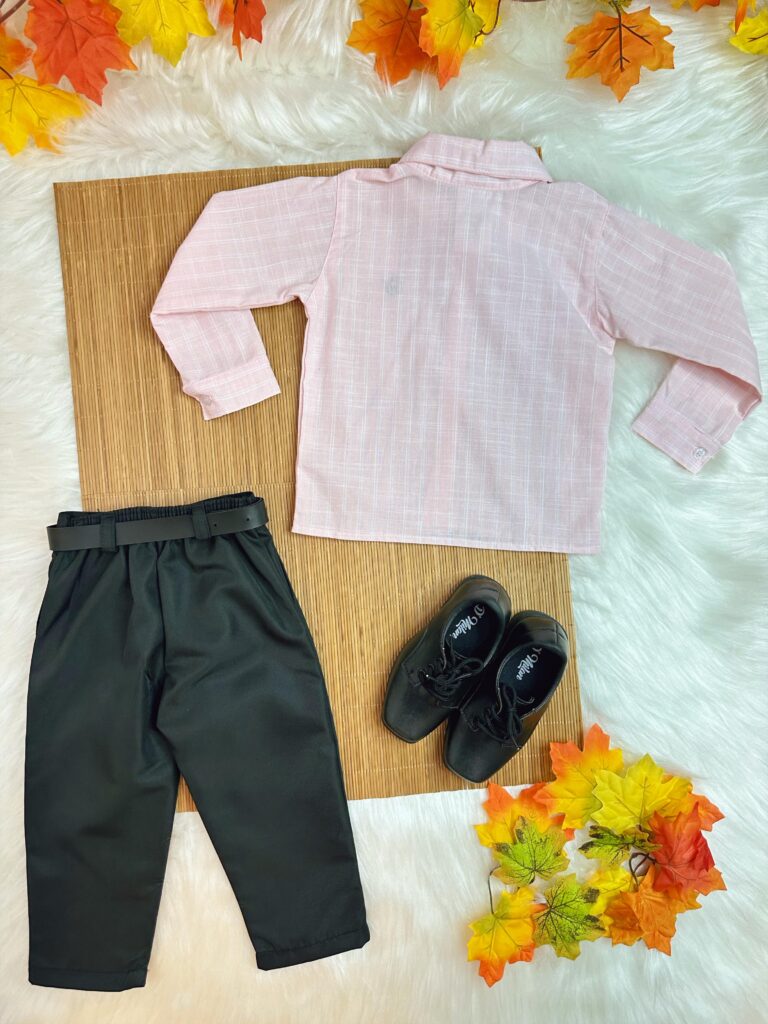 Conjunto Social Infantil Camisa Listrada Salmão Calça Preta