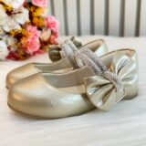 Sapato Infantil Ouro Fosco Tiras com Strass e Laço
