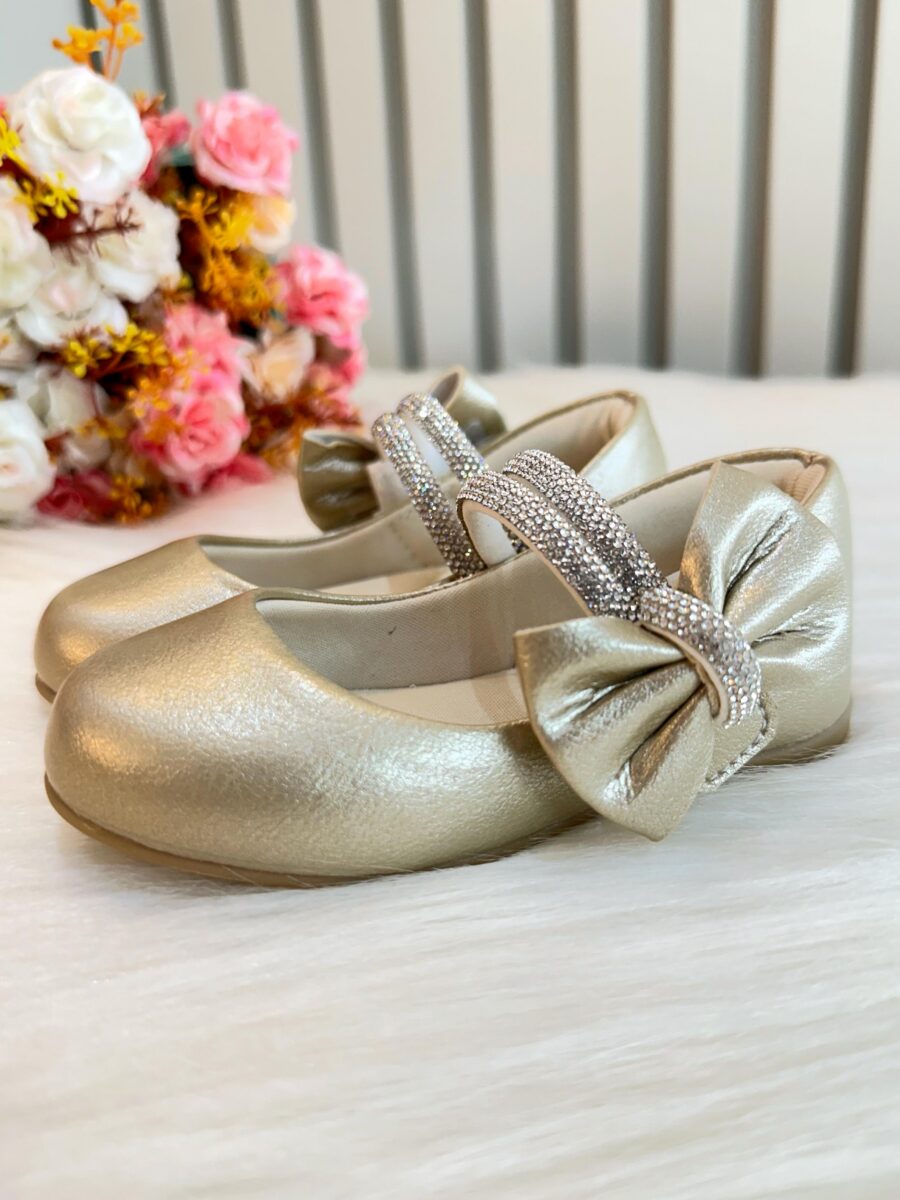 Sapato Infantil Ouro Fosco Tiras com Strass e Laço