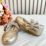 Sapato Infantil Ouro Fosco Tiras com Strass e Laço