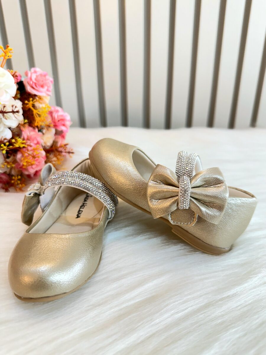 Sapato Infantil Ouro Fosco Tiras com Strass e Laço