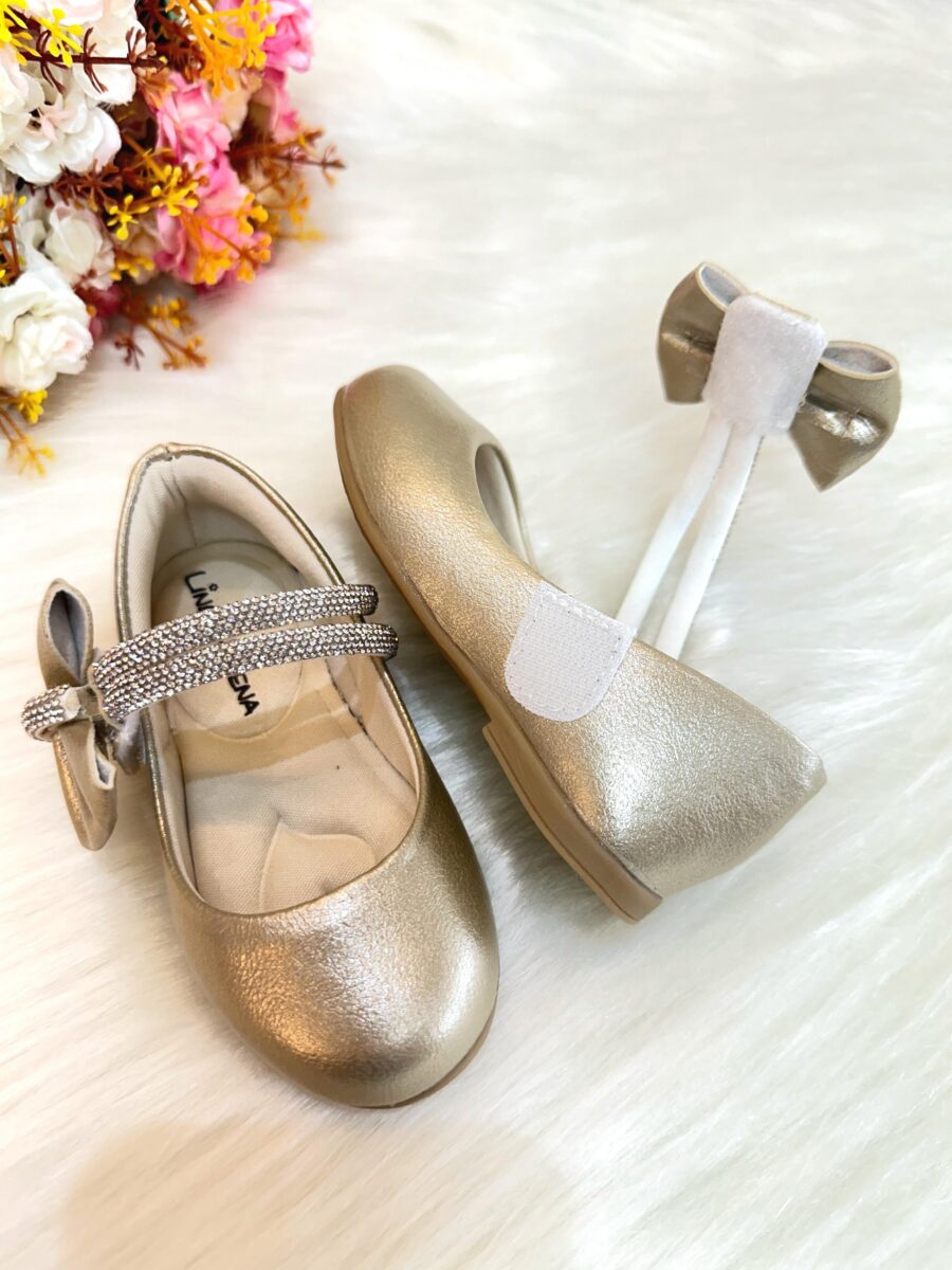 Sapato Infantil Ouro Fosco Tiras com Strass e Laço