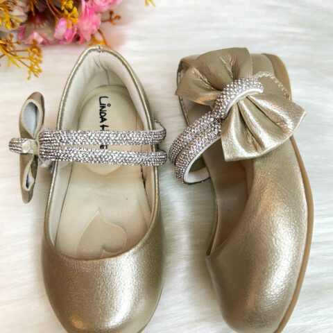 Sapato Infantil Ouro Fosco Tiras com Strass e Laço