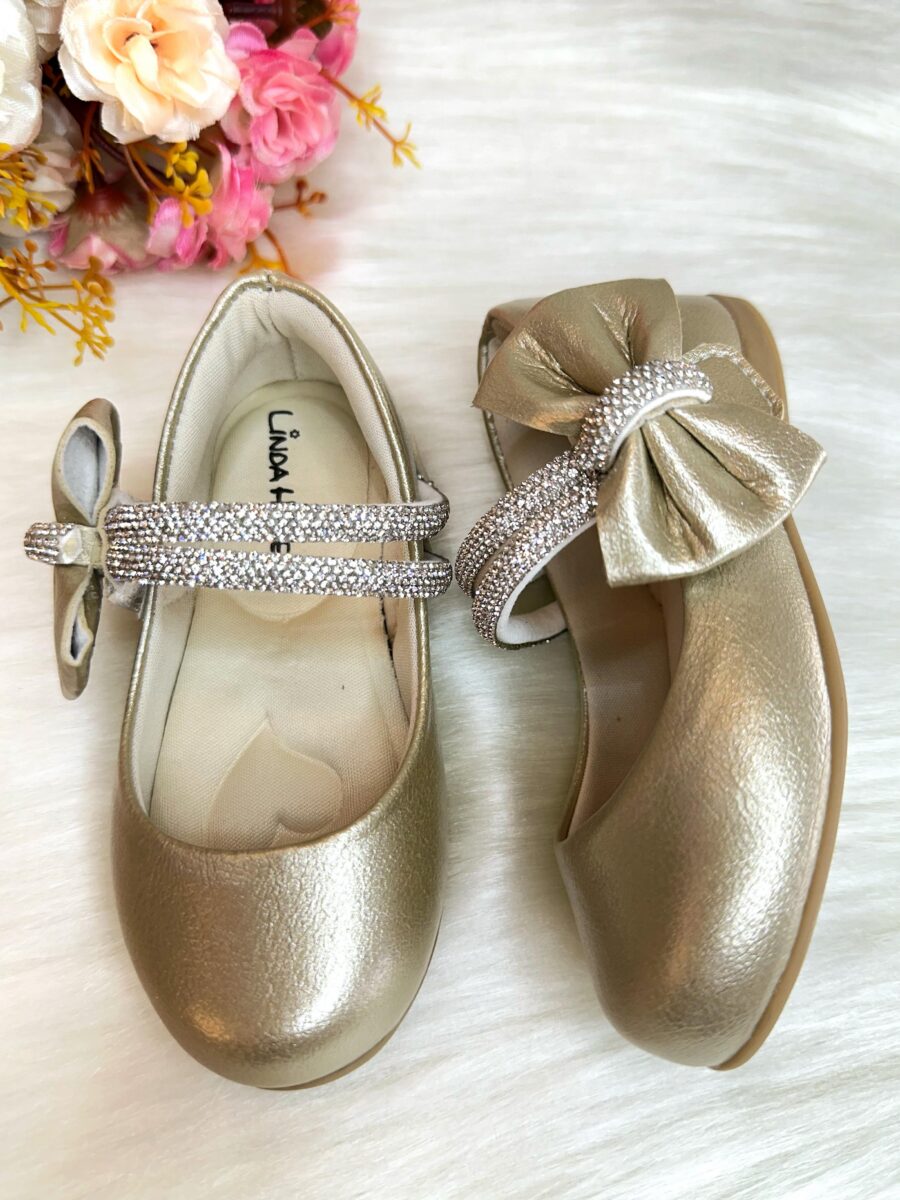 Sapato Infantil Ouro Fosco Tiras com Strass e Laço