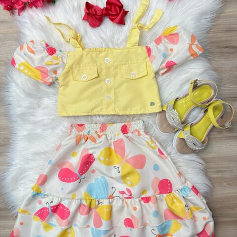 Conjunto Infantil Blusa Amarela e Saia Borboletas Casual