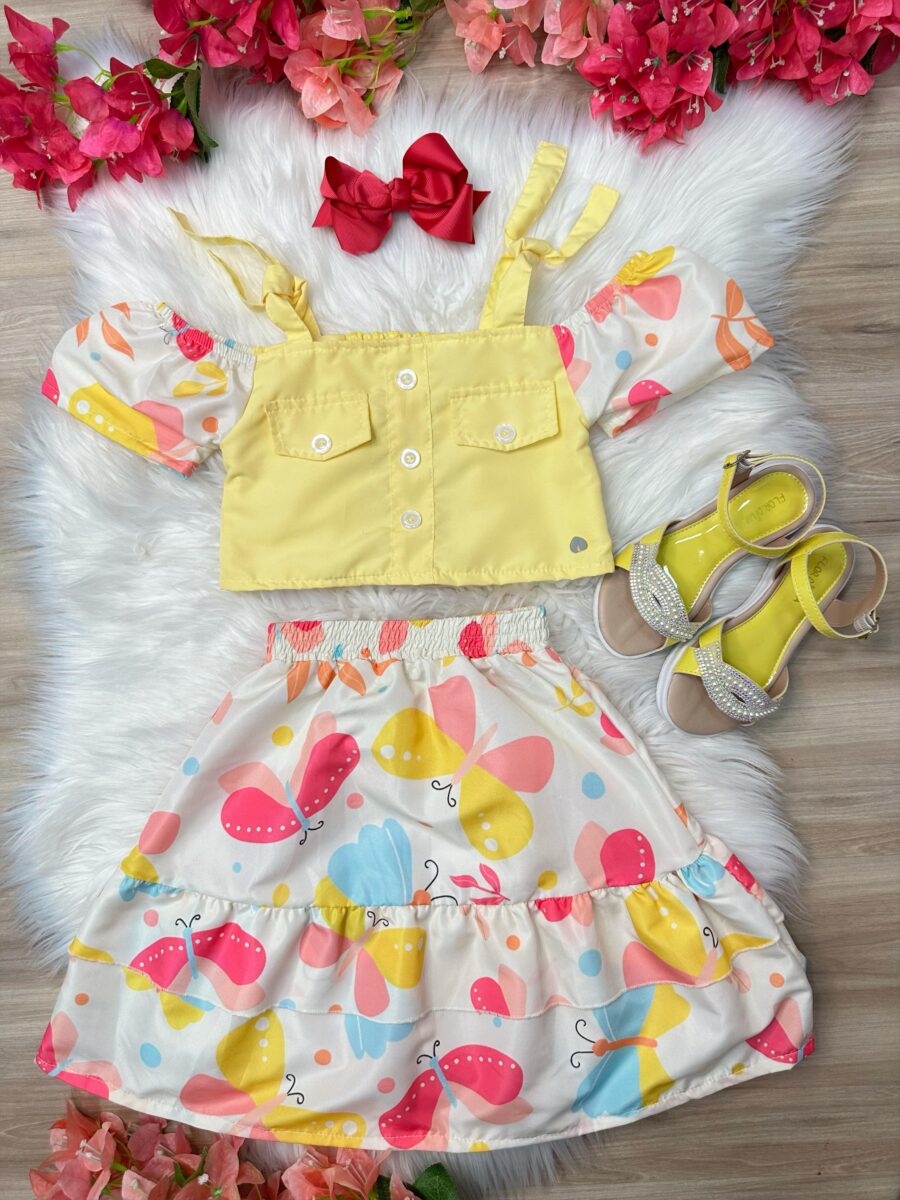 Conjunto Infantil Blusa Amarela e Saia Borboletas Casual