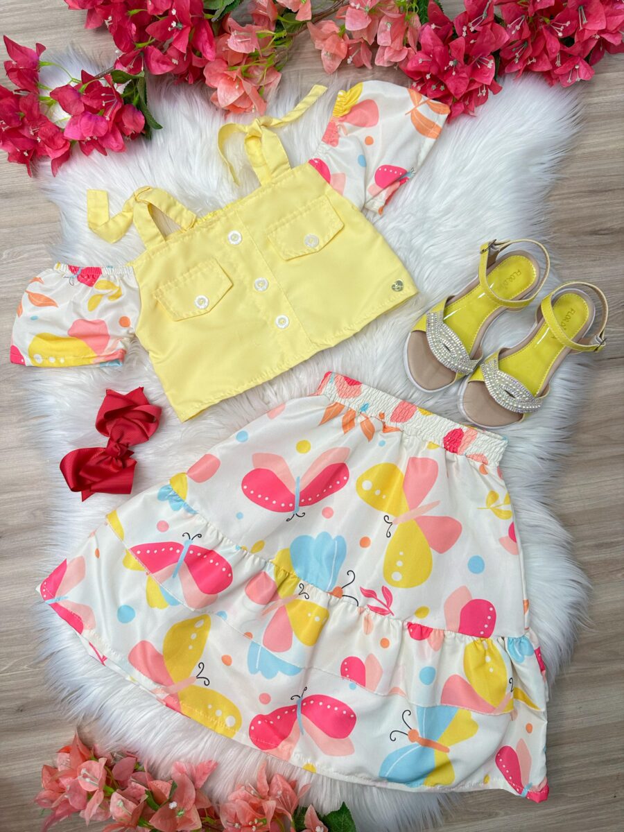 Conjunto Infantil Blusa Amarela e Saia Borboletas Casual