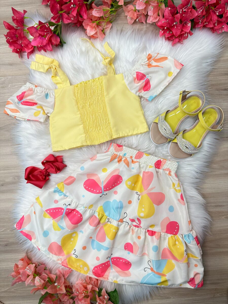 Conjunto Infantil Blusa Amarela e Saia Borboletas Casual