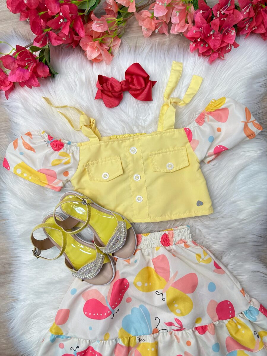Conjunto Infantil Blusa Amarela e Saia Borboletas Casual