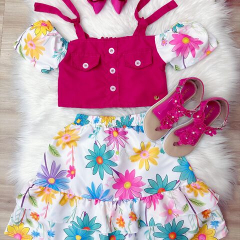 Conjunto Infantil Blusa Pink e Saia Florida Margaridas