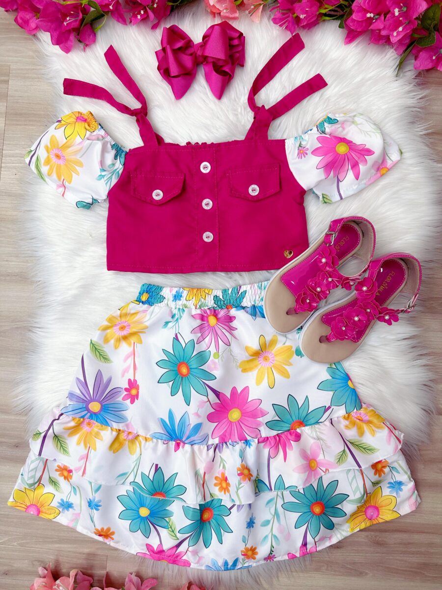 Conjunto Infantil Blusa Pink e Saia Florida Margaridas